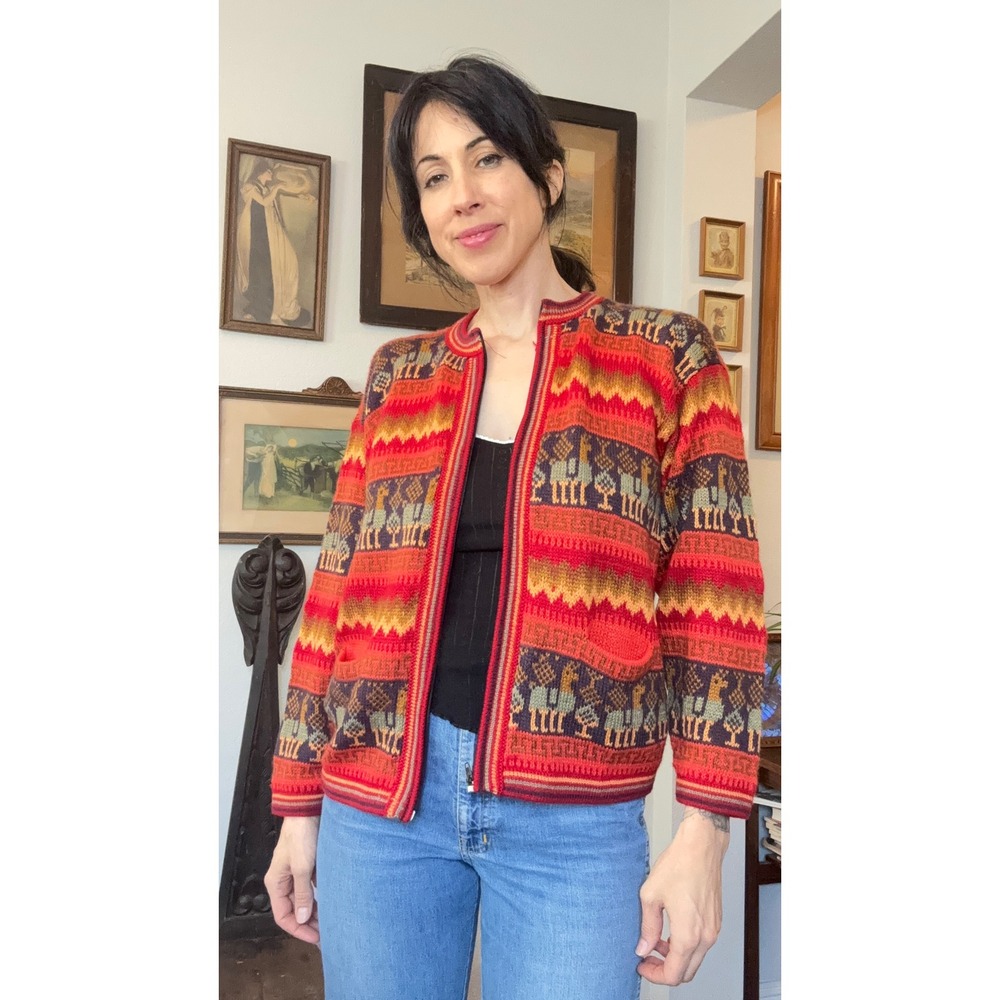 Peruvian Alpaca Wool Llama Zip Up Cardigan Sweater Red Multi Boho M